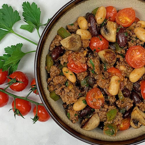 Three Beans Bake with Tomato and Beef