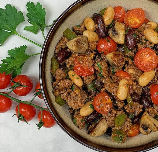 Three Beans Bake with Tomato and Beef