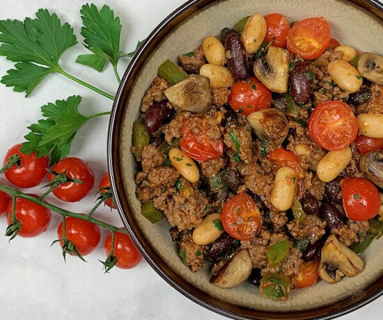 Three Beans Bake with Tomato and Beef