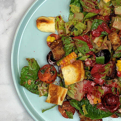 Cherry and Romaine Salad with Halloumi