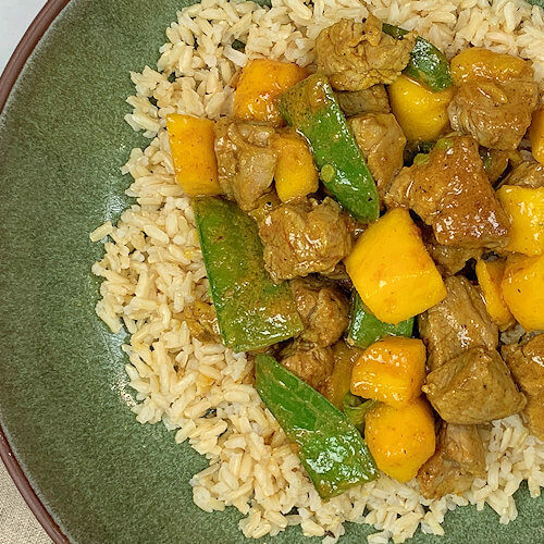 Curried Pork in Coconut Sauce with Mango & Snow Peas