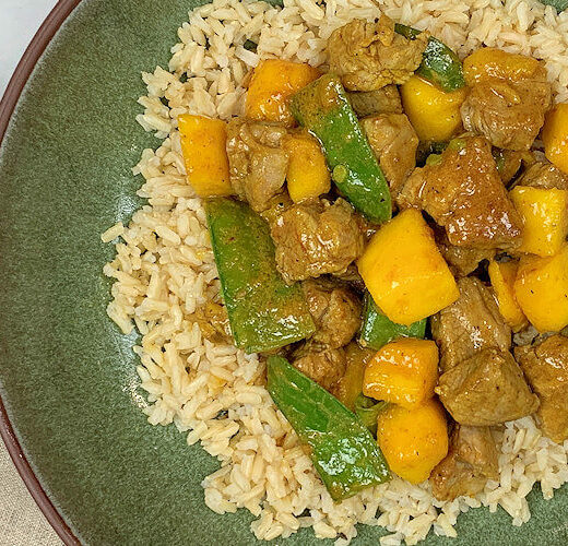 Curried Pork in Coconut Sauce with Mango & Snow Peas