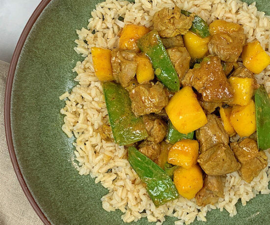 Curried Pork in Coconut Sauce with Mango & Snow Peas