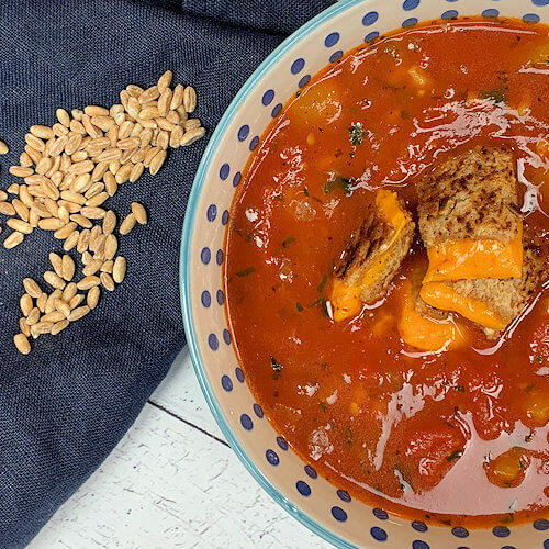 Tomato Farro Soup with Grilled Mimolette Croutons