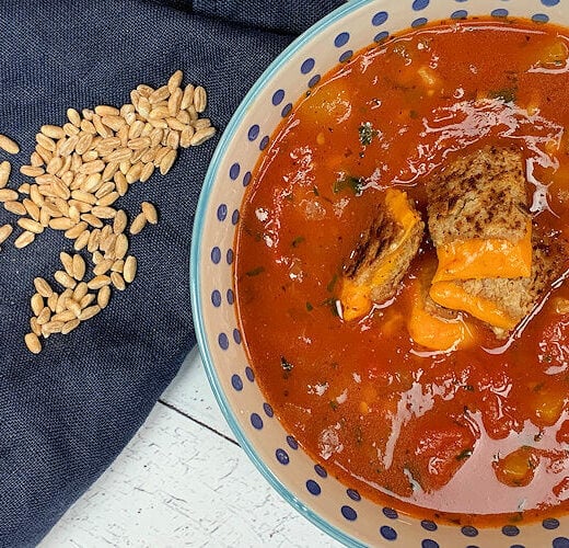 Tomato Farro Soup with Grilled Mimolette Croutons