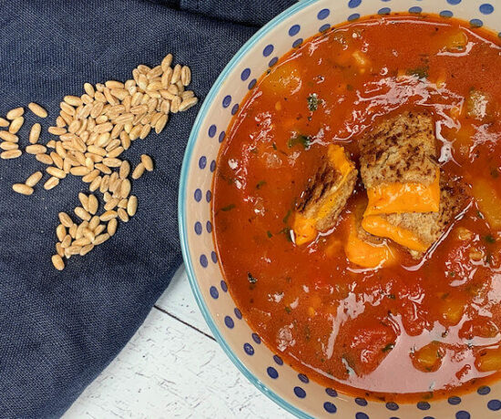 Tomato Farro Soup with Grilled Mimolette Croutons