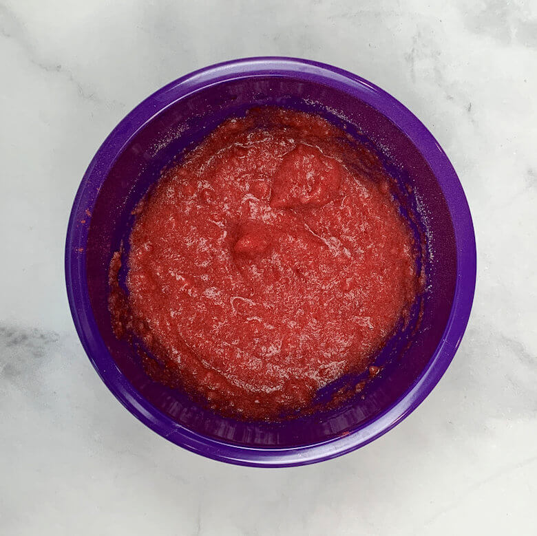 Gelatin powder mixed with strawberry puree, strawberry powder, and water.